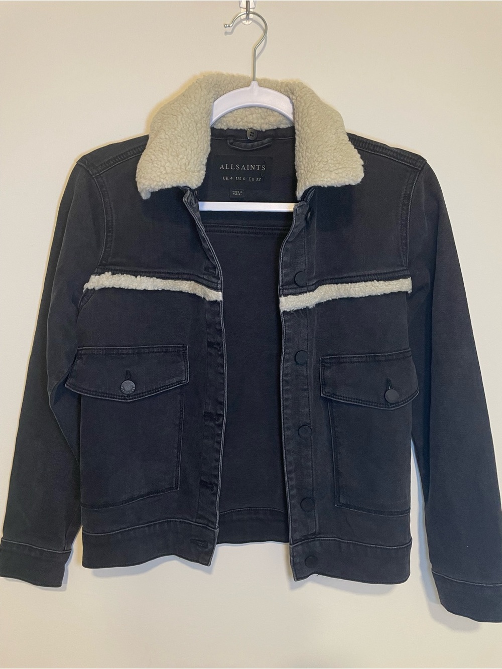 AllSaints Zoe Denim Shearling Jacket Washed Black Gray Faux Fur Collar US 0